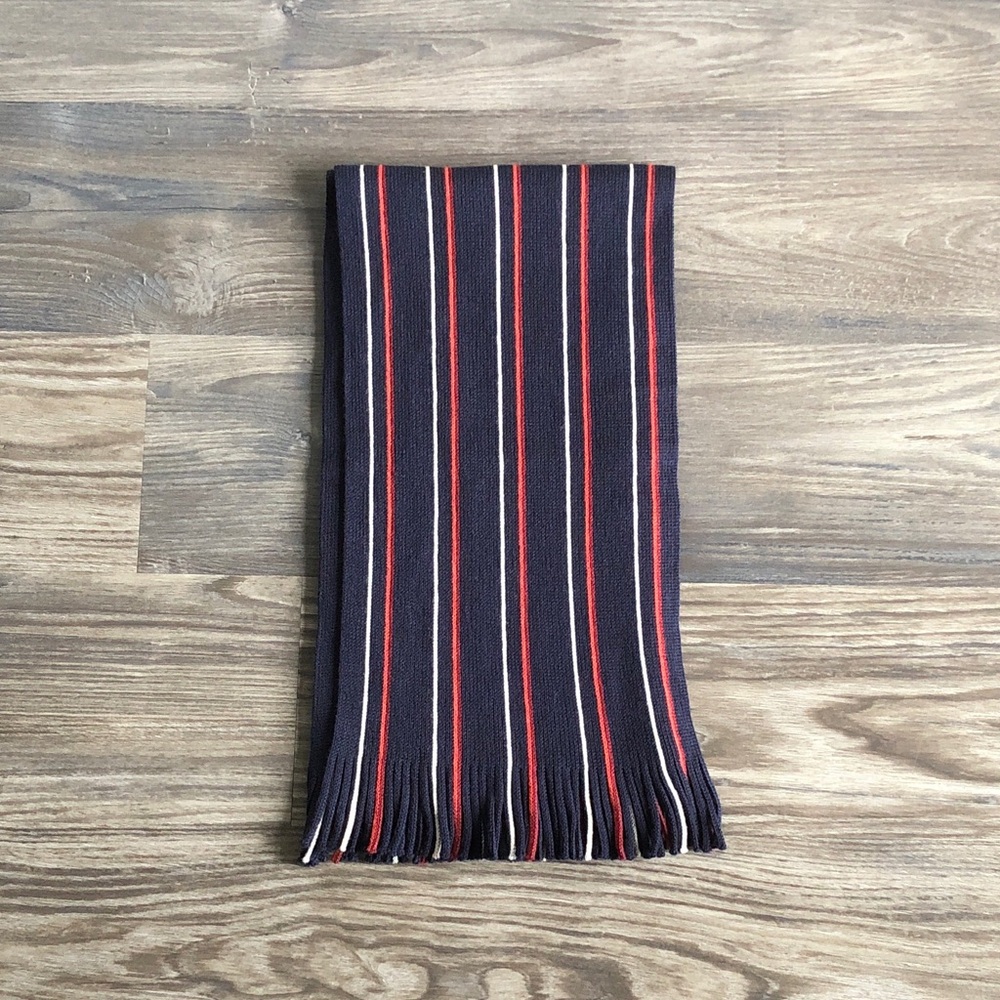 Blue Stripe Wool Scarf Fringe Red White